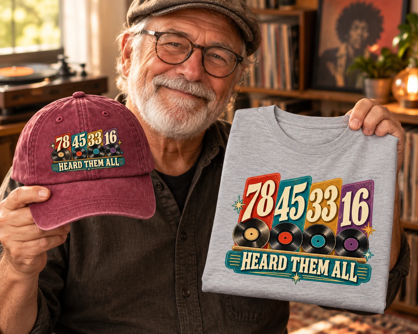 Senior man holding a wine red Heard Them All cap and matching grey T-shirt