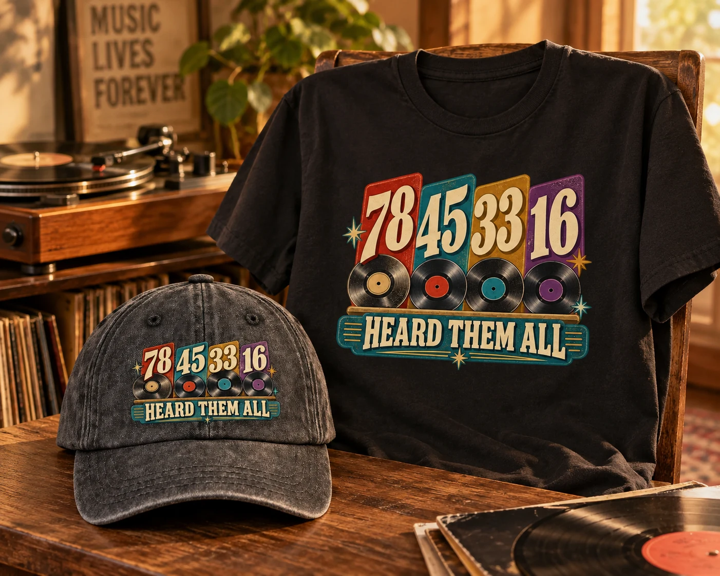 Black Heard Them All cap and T-shirt beside a turntable and records