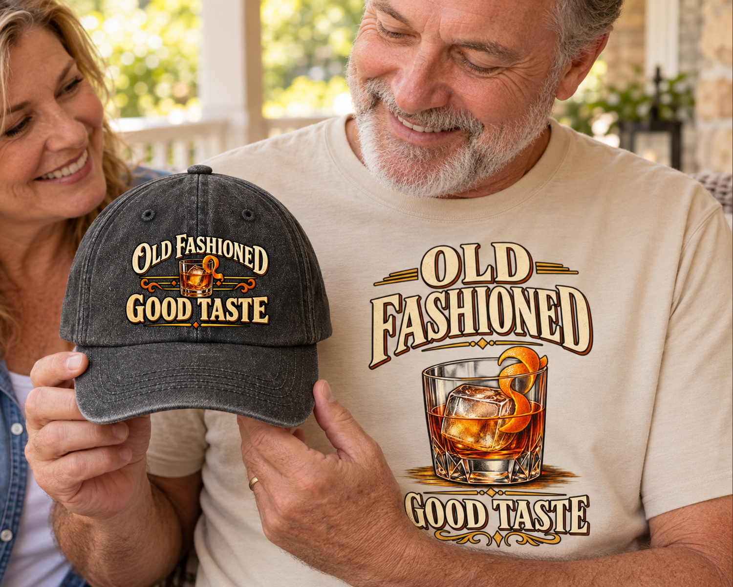 Black Old Fashioned Good Taste cap held beside sand printed tee