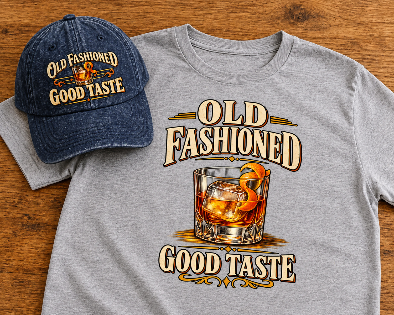 Navy Old Fashioned Good Taste cap and sport grey printed tee on an oak table
