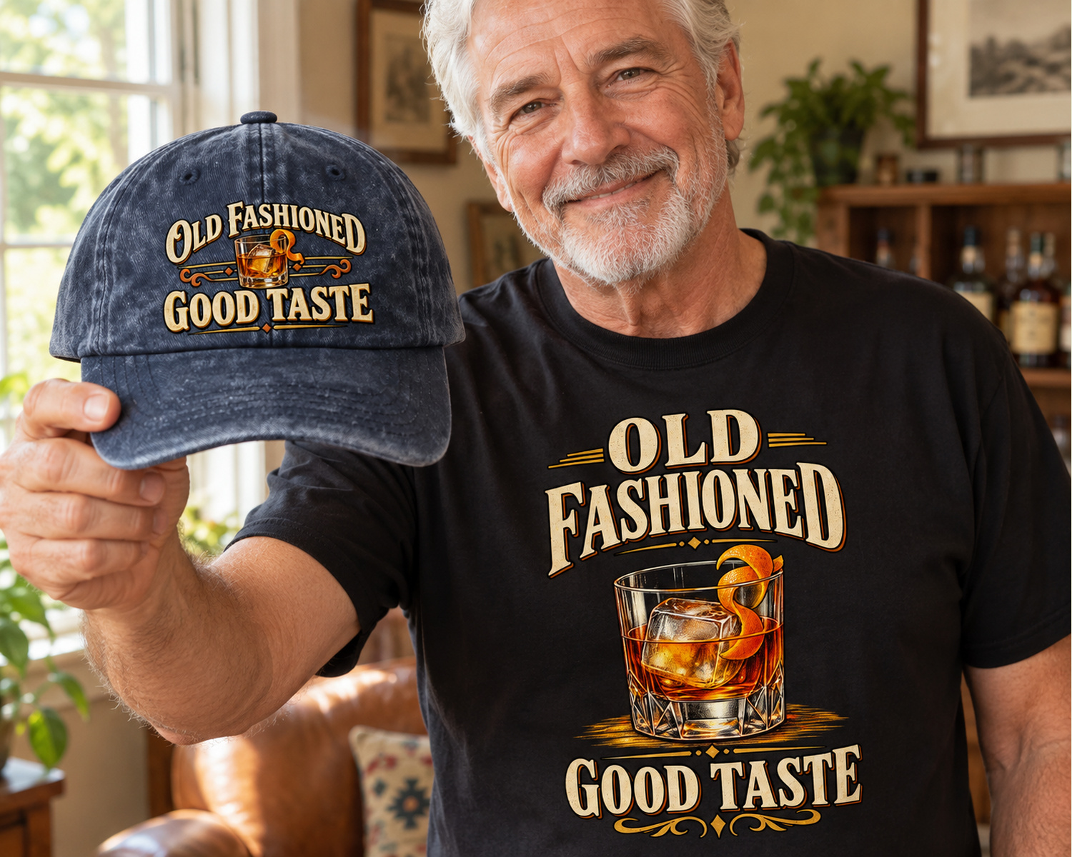 Senior man wearing black Old Fashioned Good Taste tee extending navy cap toward camera