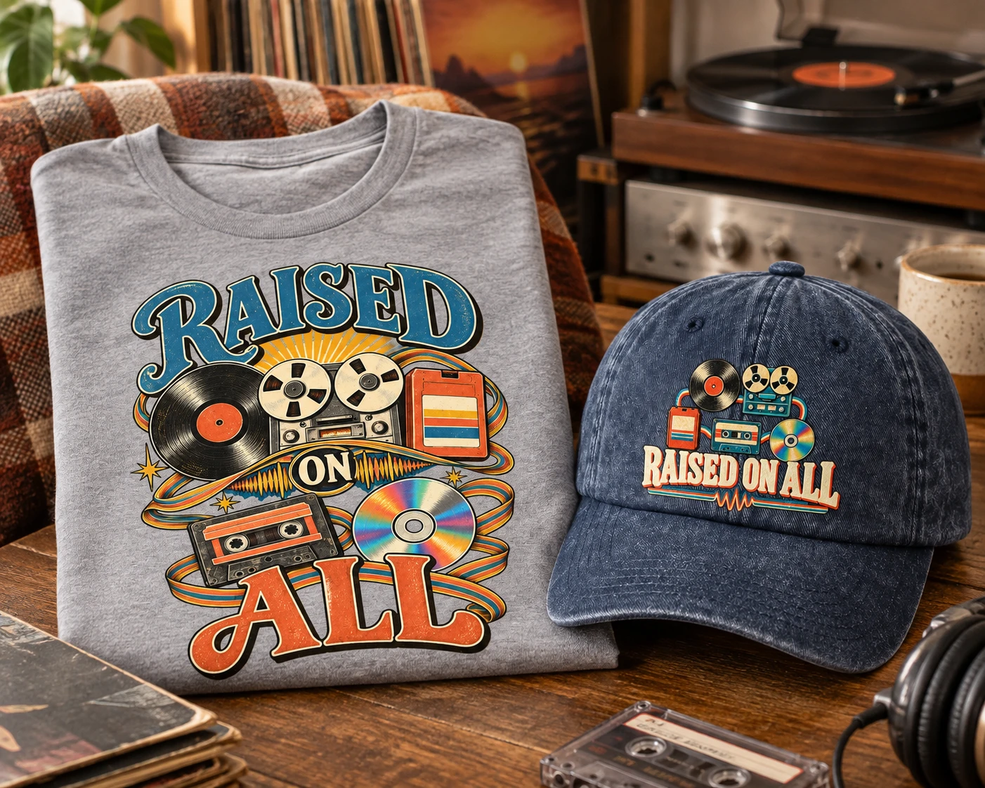 Folded grey Raised On All T-shirt and navy printed cap beside a record player