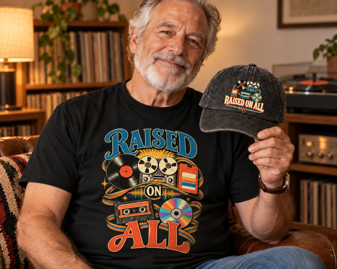 Man wearing a black Raised On All T-shirt and holding a matching black cap