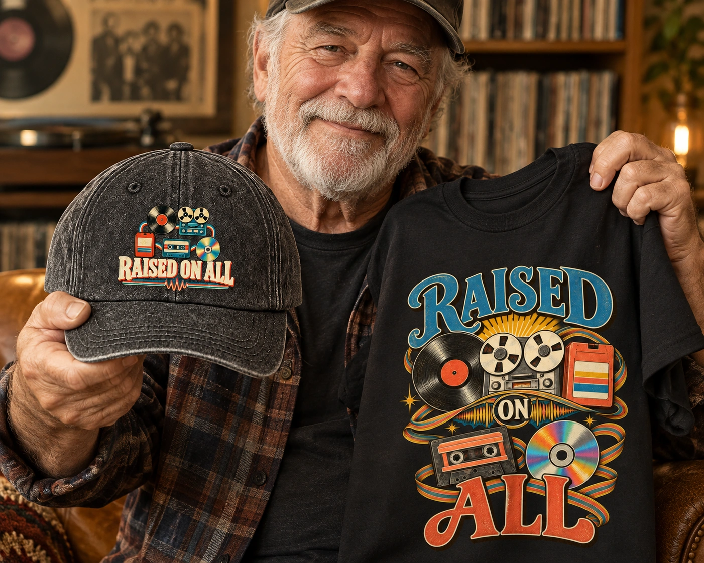 Senior man holding a Raised On All printed cap and matching black T-shirt in a record room