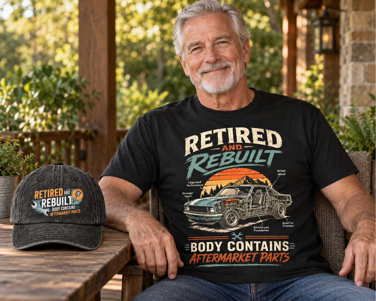 Senior man wearing the black Retired and Rebuilt tee beside the matching black cap
