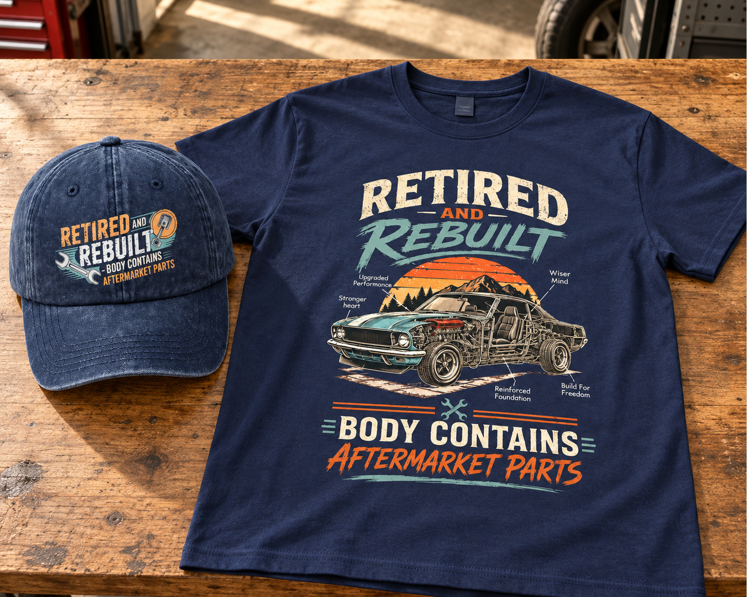 Navy Retired and Rebuilt cap and matching navy classic car print tee on a workbench