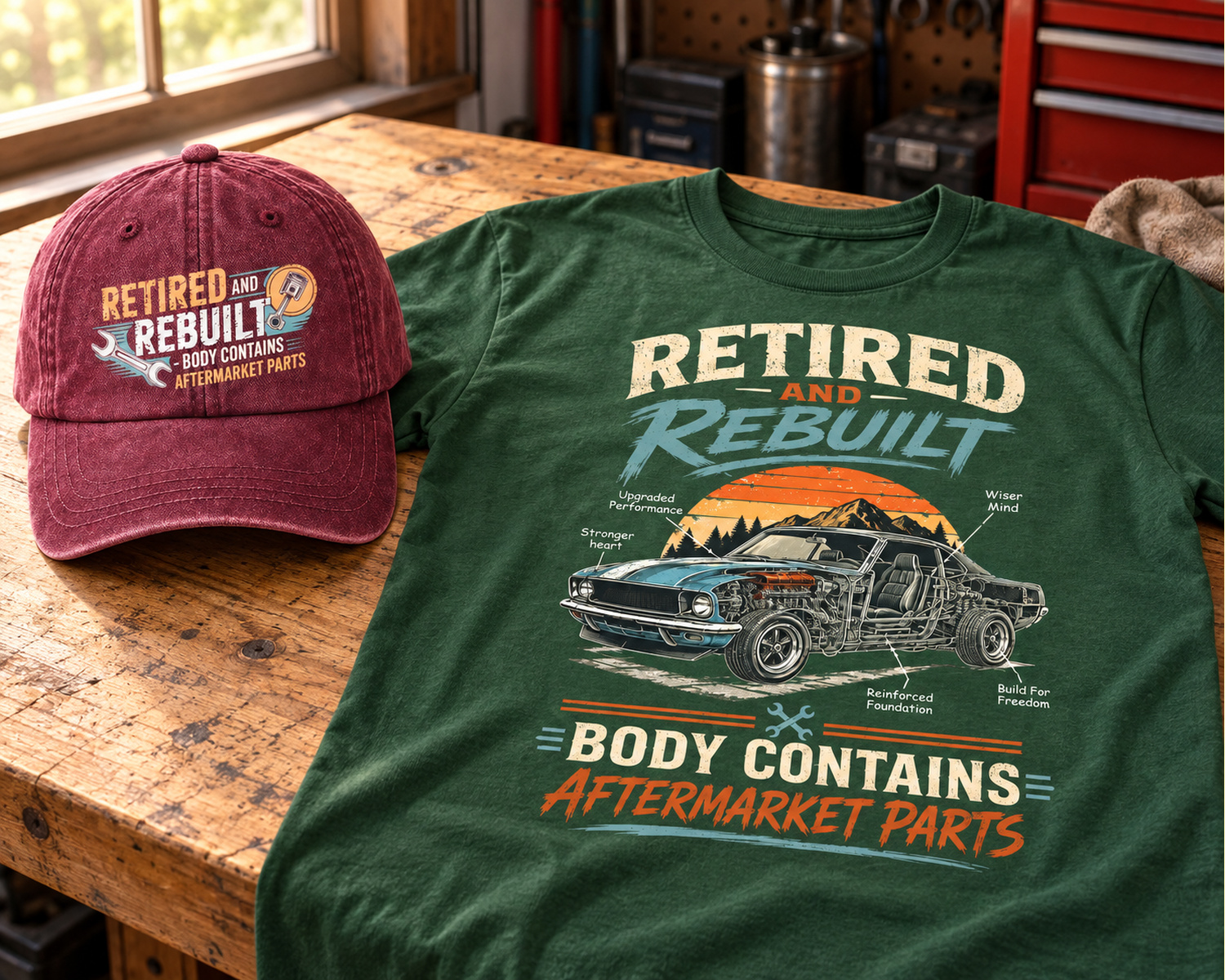 Wine red Retired and Rebuilt cap paired with the forest green classic car print tee