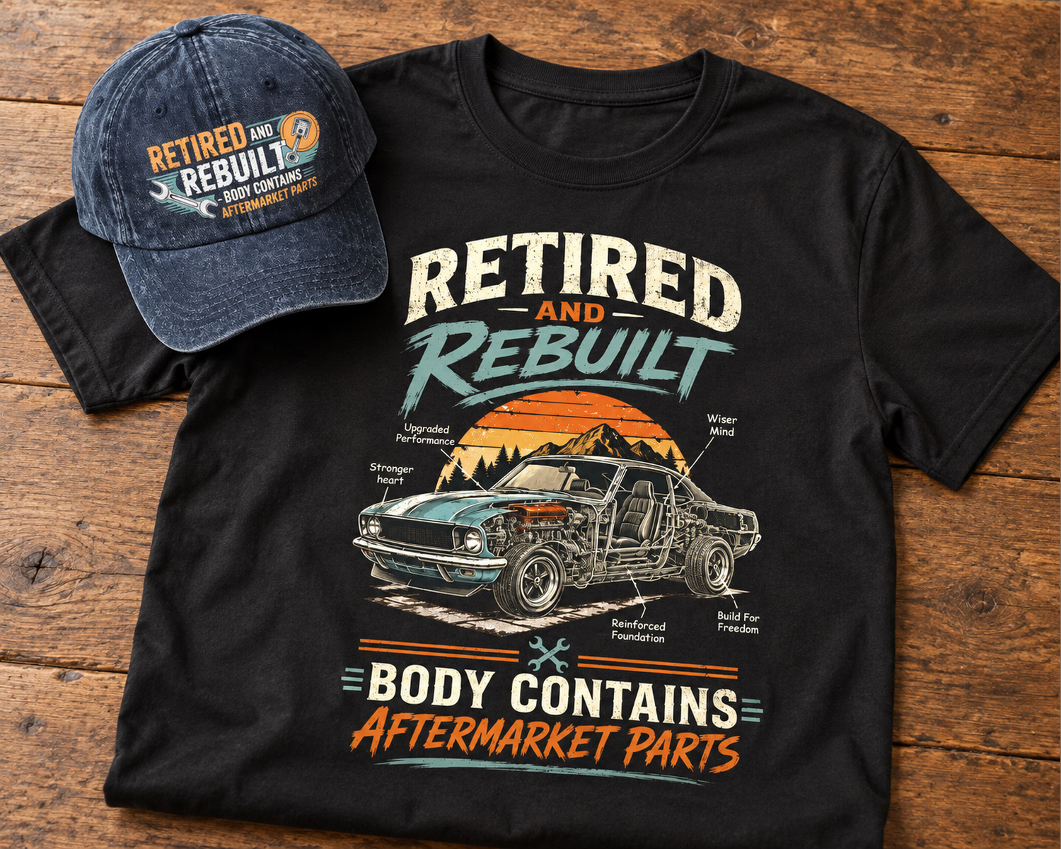 Navy Retired and Rebuilt cap resting on black crewneck T-shirt with visible short sleeves