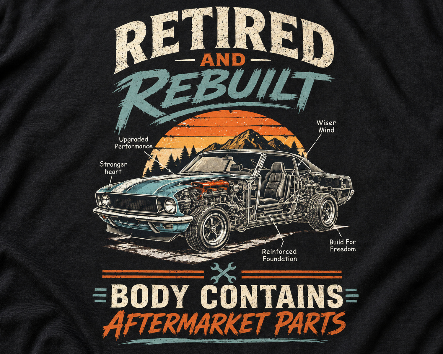 Close-up of black Retired and Rebuilt tee with printed car graphic and lettering